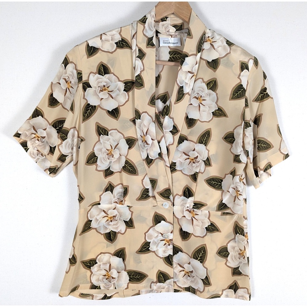 Dana Buchman Top Women 10 Silk Floral Shawl V-Neck Semi-Sheer Blouse Vintage